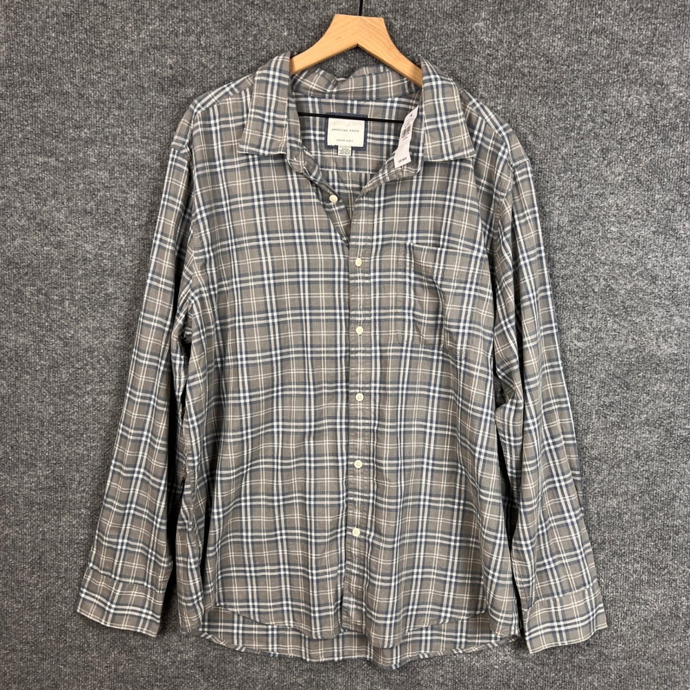 NEW American Eagle XXL Super Soft Gray Plaid‎ Long Sleeve Button Up Shirt